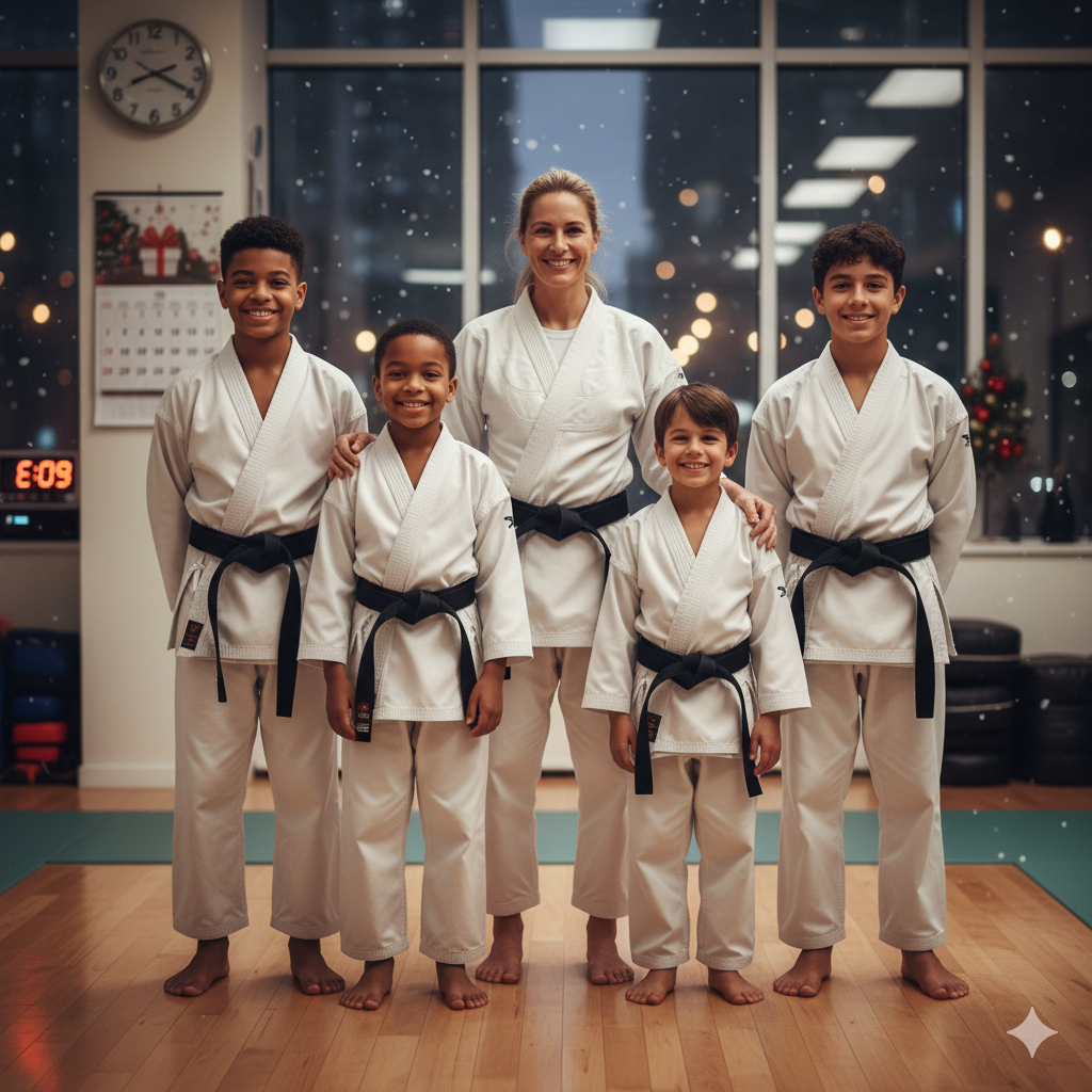Martial arts students smiling with their instructor, celebrating growth and progress at the end of the year.