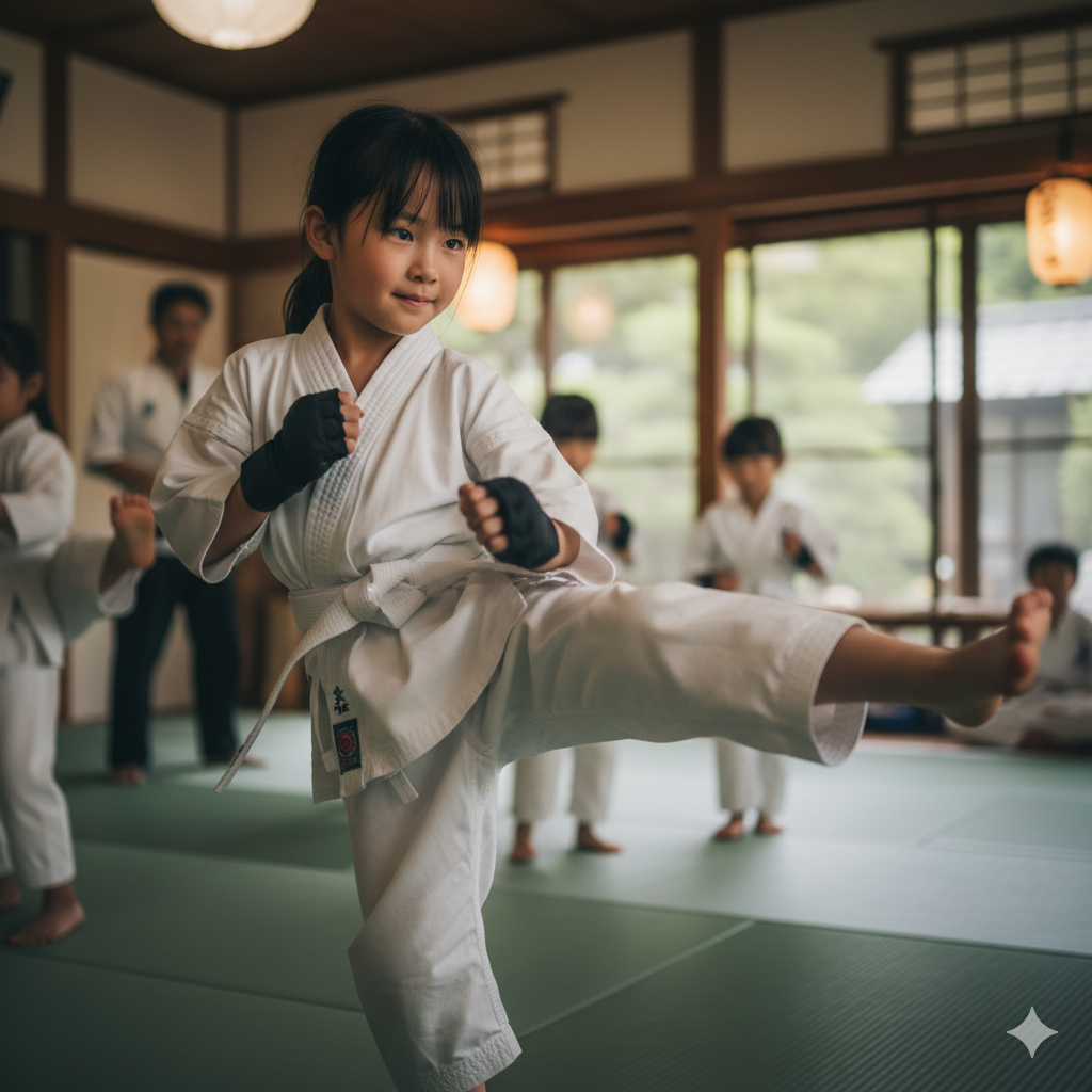 Confident child practicing martial arts, demonstrating discipline and focus developed over the year.