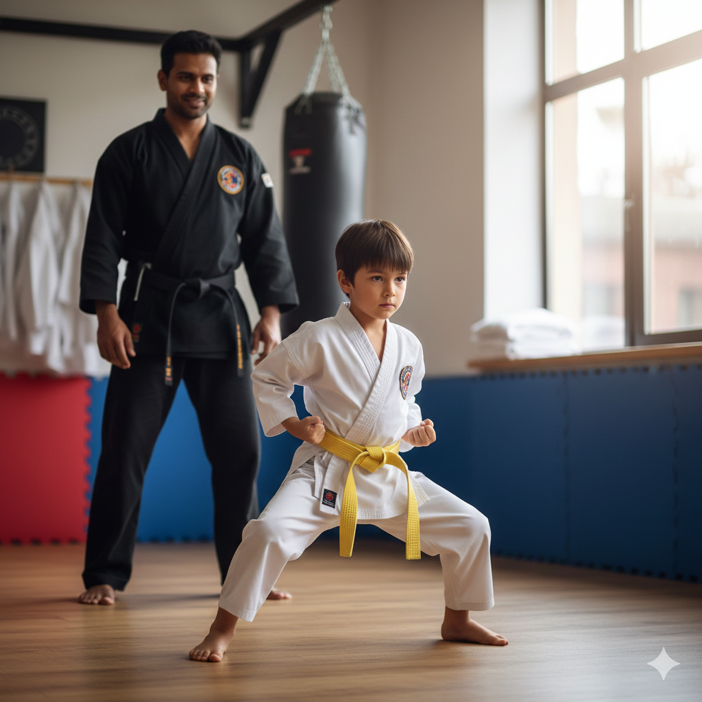 Young martial arts student practicing a focused stance as an instructor offers guidance and encouragement