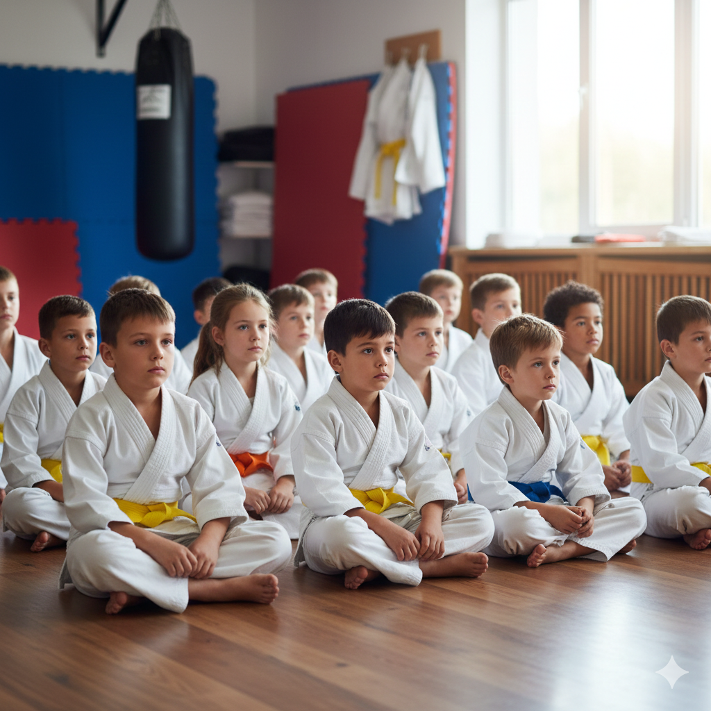 Children seated attentively in a martial arts class, listening to an instructor discuss growth and goals for the new year