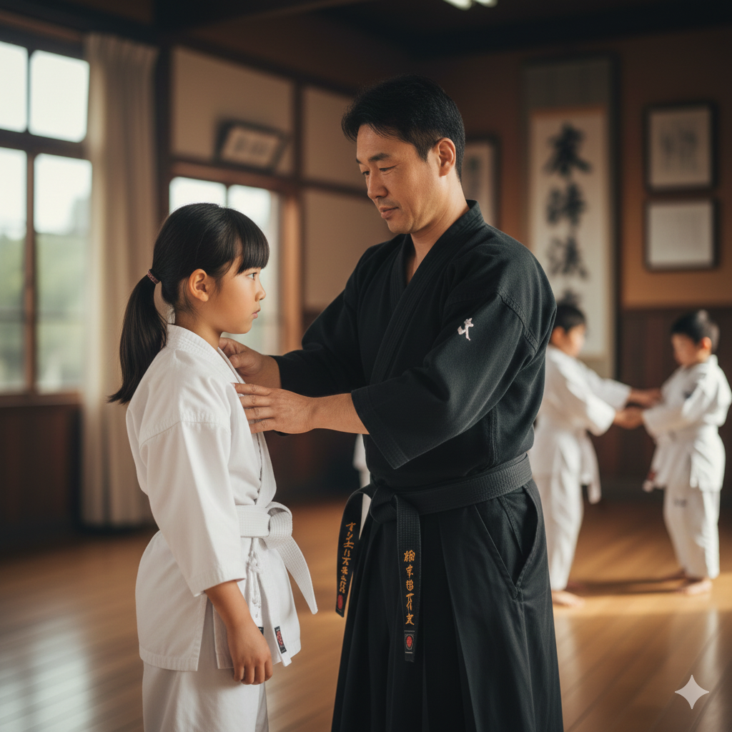 Martial arts instructor helping a student practice a technique, teaching consistency and progress toward goals Martial arts instructor helping a student practice a technique, teaching consistency and progress toward goals