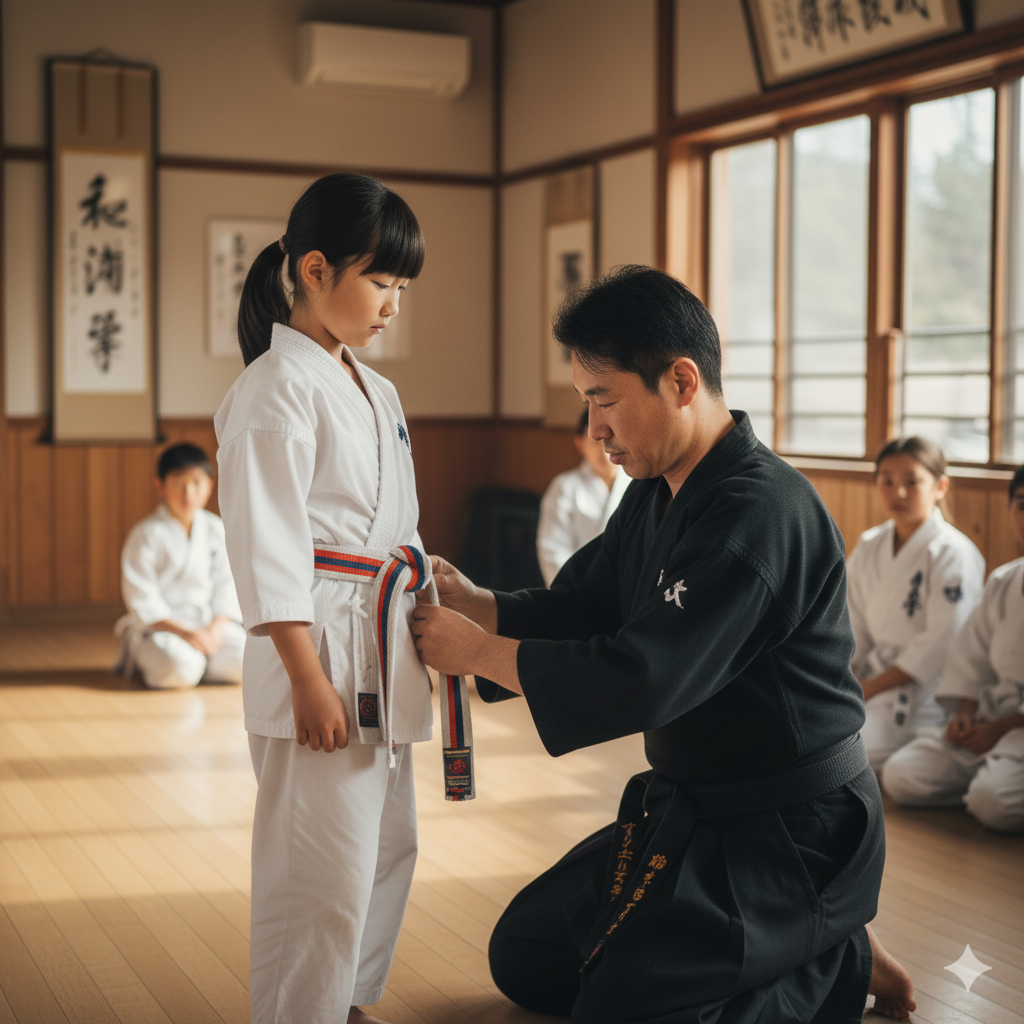 Martial arts student earning a new belt or stripe, representing achievement through dedication and effort.