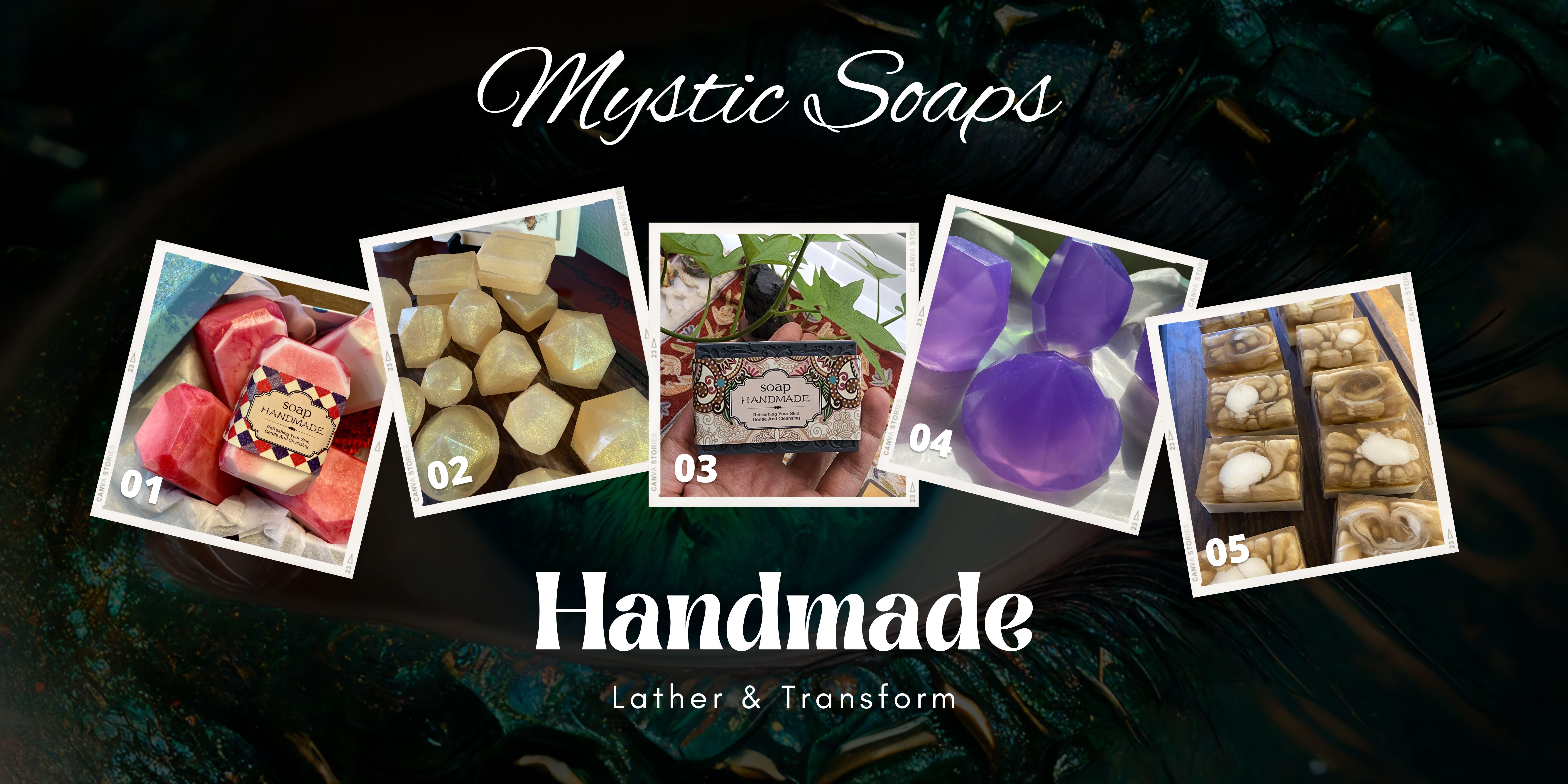 Image showcasing Mystic Zane Soaps, a collection of handmade soaps infused with Reiki energy, promoting wellness and balance. The soaps display vibrant colors and unique patterns, reflecting their natural and holistic qualities.