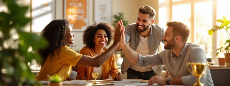 A diverse group of professionals celebrating a small success around a desk, smiling and high-fiving, motivational atmosphere, warm natural light, “togetherness” energy. A diverse group of professionals celebrating a small success around a desk, smiling and high-fiving, motivational atmosphere, warm natural light, “togetherness” energy.