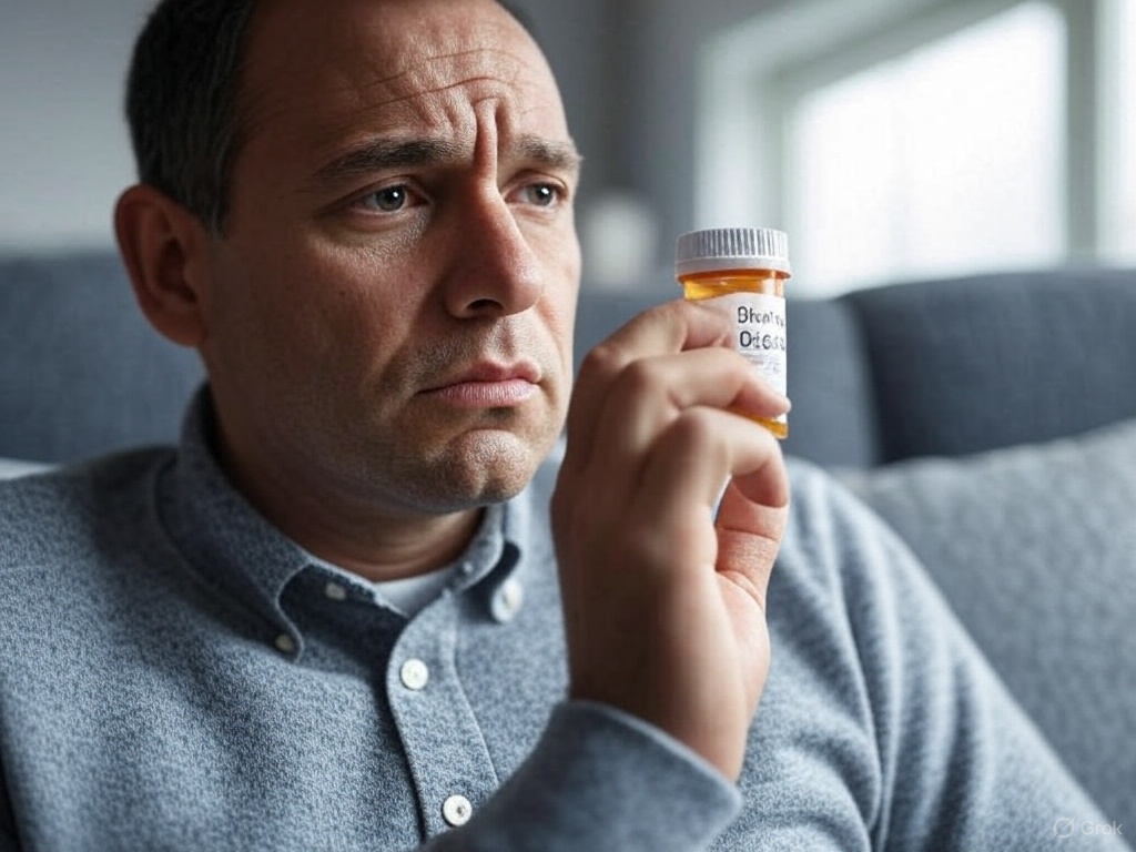 concerned man looking at prescription medicine bottle concerned man looking at prescription medicine bottle