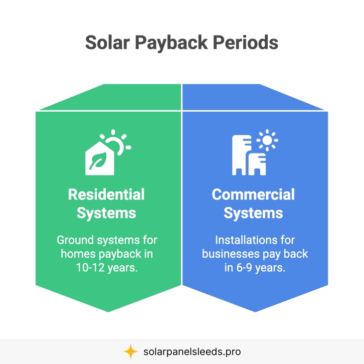 Infographic detailing the payback periods for residential and commercial ground-mounted solar systems.