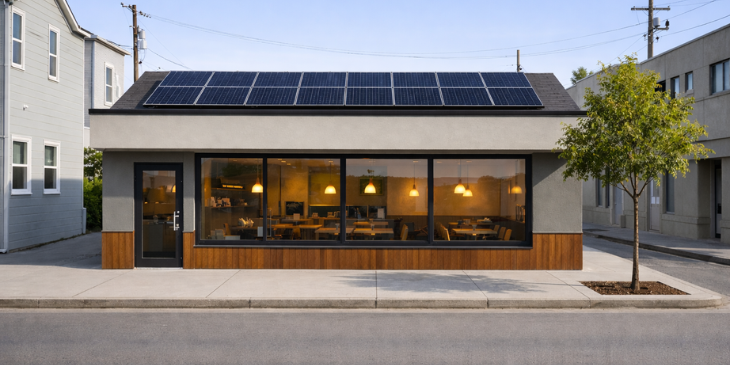 A restaurant with solar panels on top of its roof