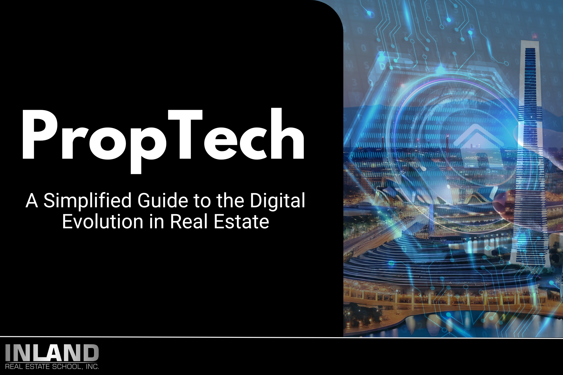 A city skyline being overlaid with digital interfaces, representing the integration of technology in real estate through PropTech.