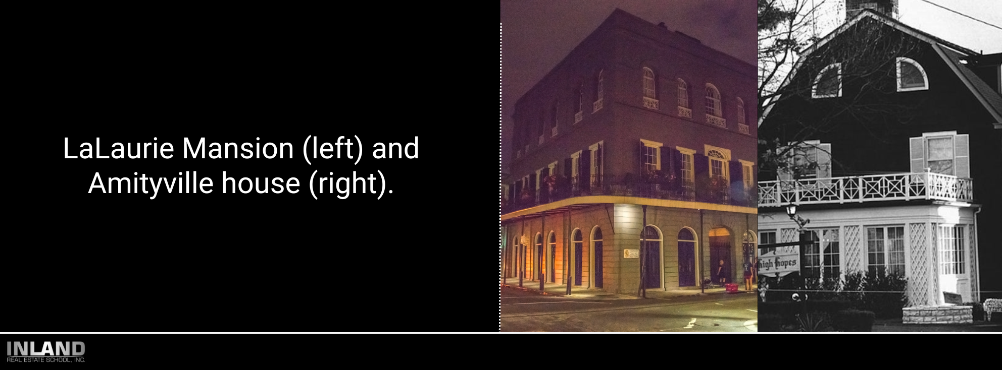 Collage of the LaLaurie Mansion and the Amityville house, representing the spectrum of haunted house market values.