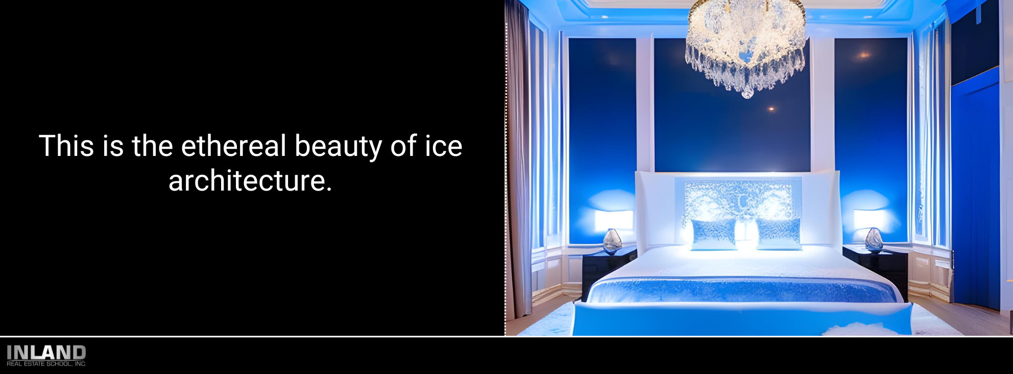 A luxurious ice bedroom with ambient blue lighting, highlighting the detailed carvings on the walls.