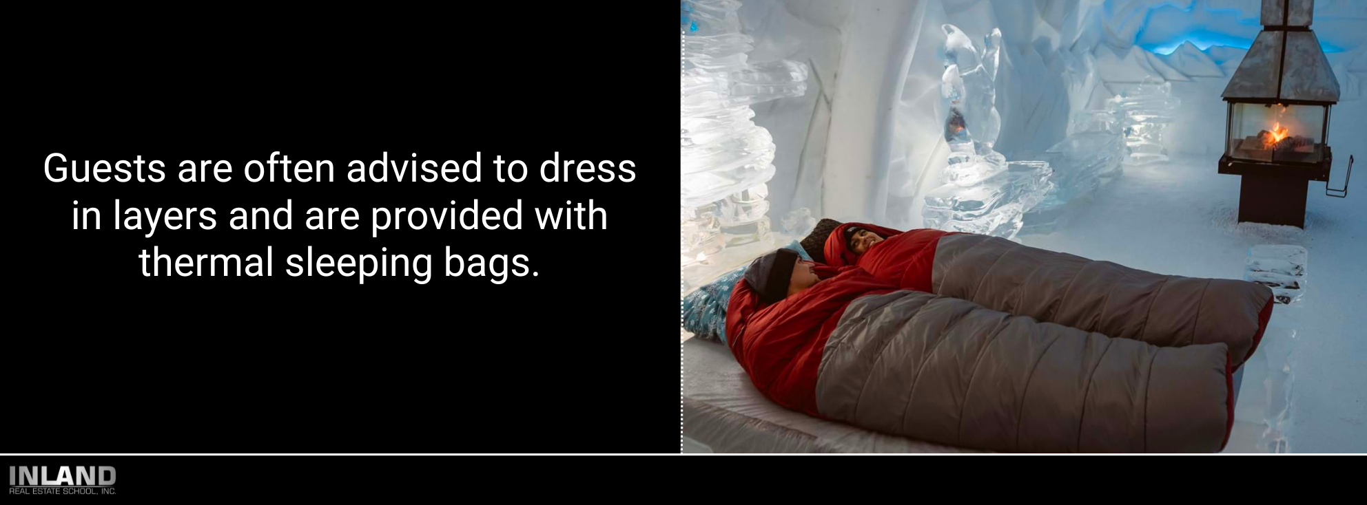A couple snuggled in thermal sleeping bags on an ice bed, with soft lighting creating a cozy ambiance.