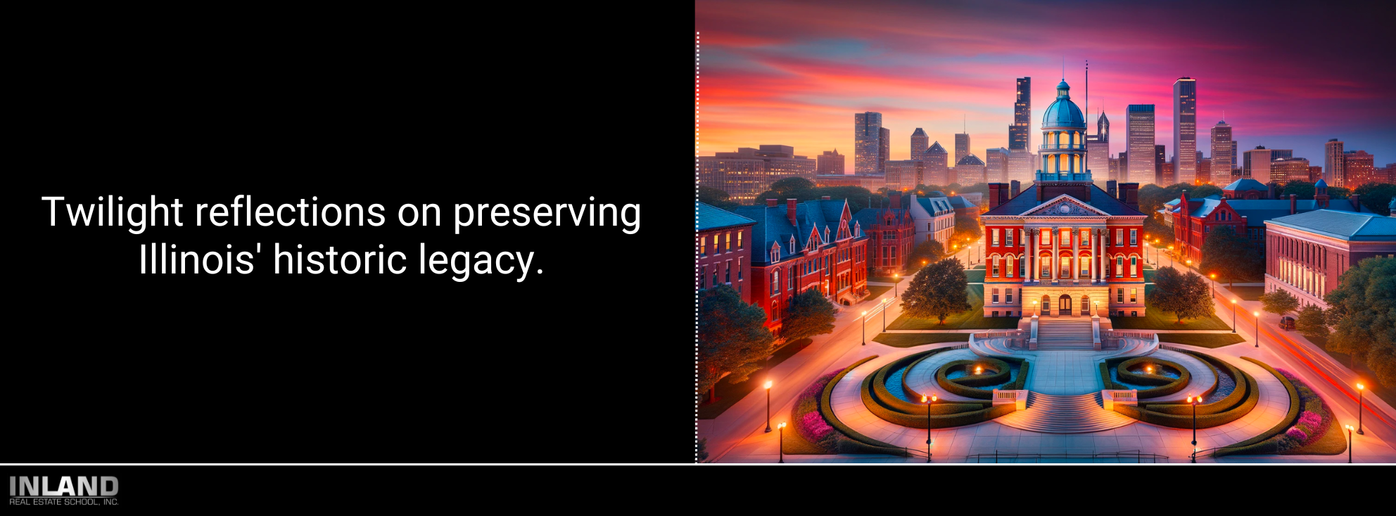 Twilight over Illinois' historic buildings, reflecting the blend of history and modernity.