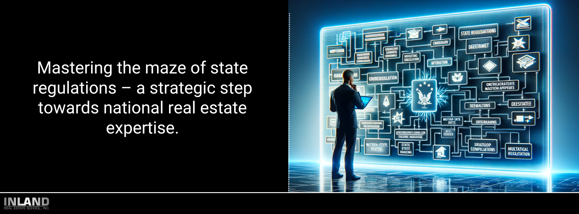 Agent evaluating complex flowchart of state real estate regulations for cross-state practice.