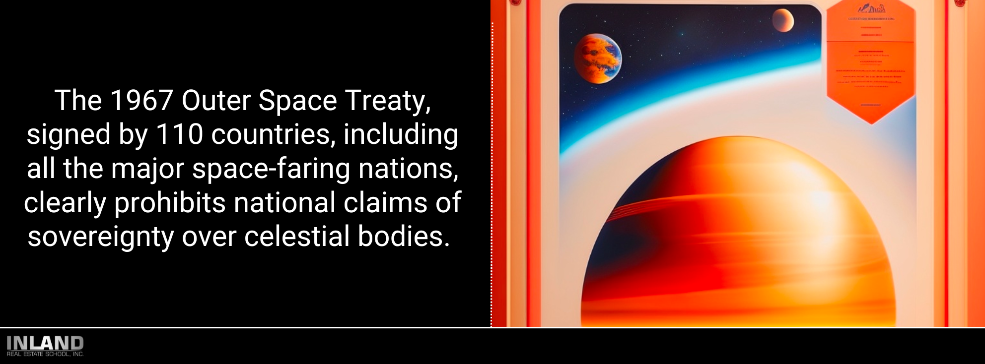 Close-up of the 1967 Outer Space Treaty document, with a celestial body (Mars) in the background.