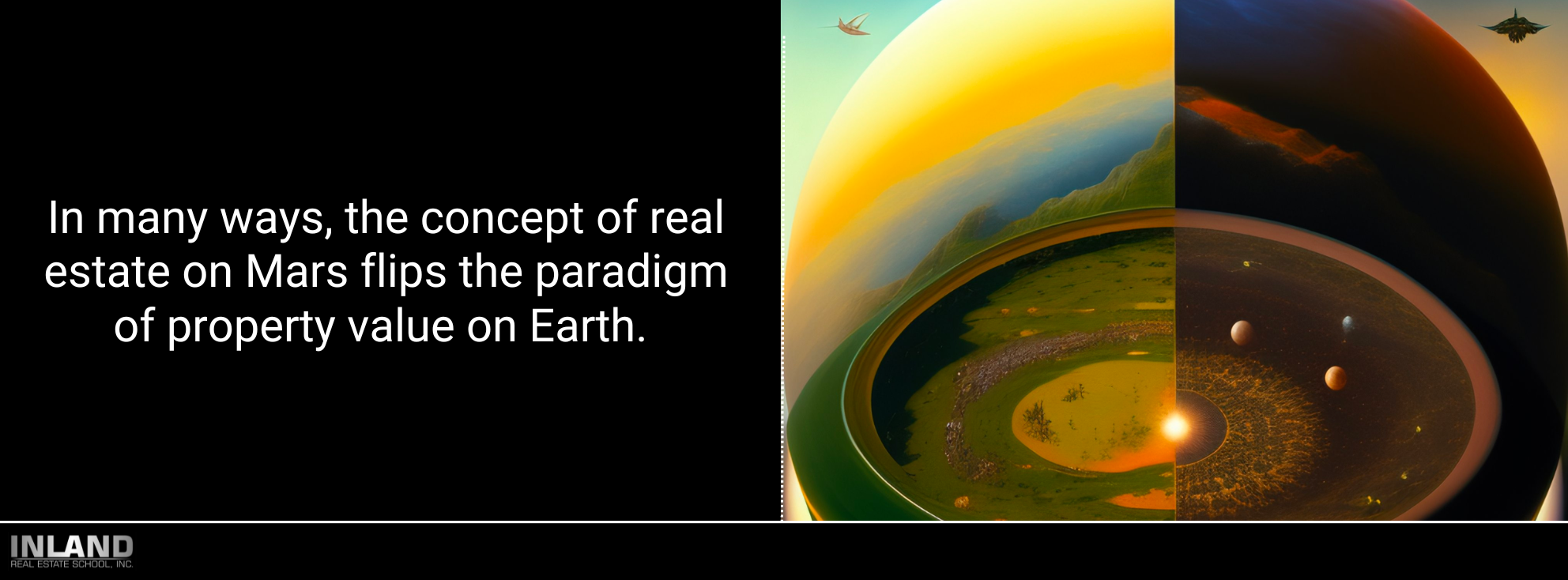 Side-by-side illustrations of an Earth property and a Martian property, highlighting the differing factors that determine property value.