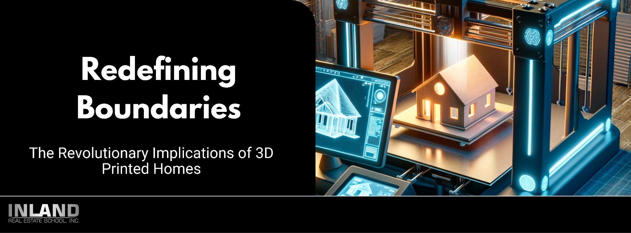 Image: 3D printer constructing a home from a digital blueprint.