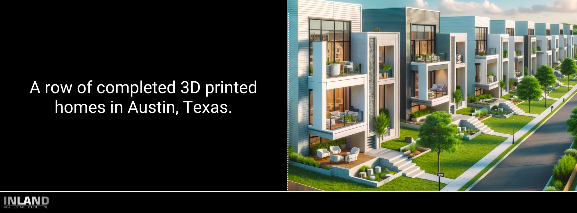 A row of completed 3D printed homes in Austin, Texas.