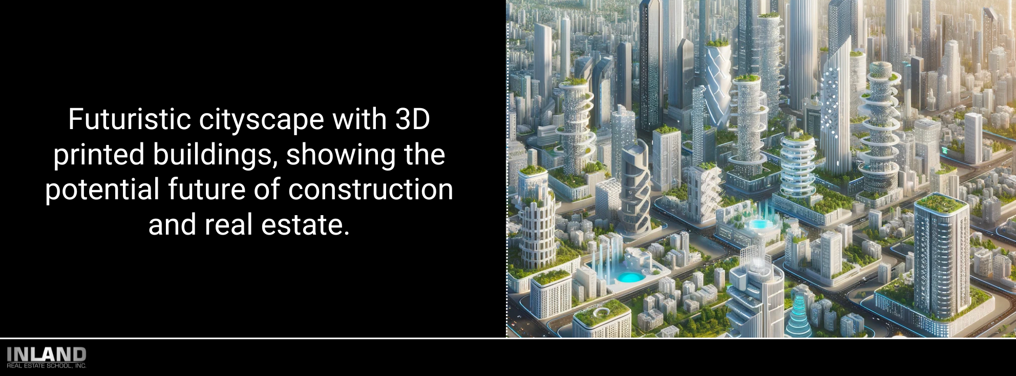 Futuristic cityscape with 3D printed buildings, showing the potential future of construction and real estate.