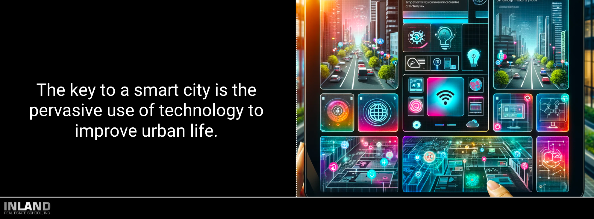 Interactive touchscreen displaying smart city features, including intelligent transportation and digital services.