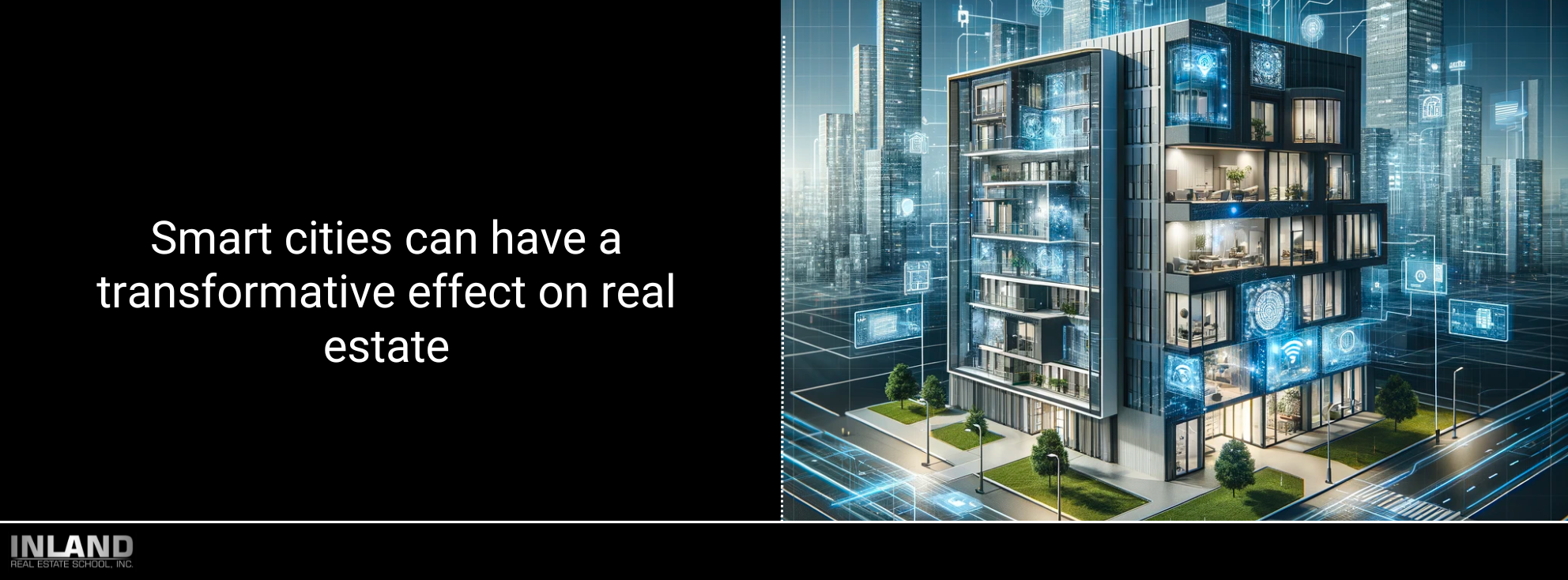 Digital graphic of a modern building with smart home technologies, representing the future of real estate in smart cities.