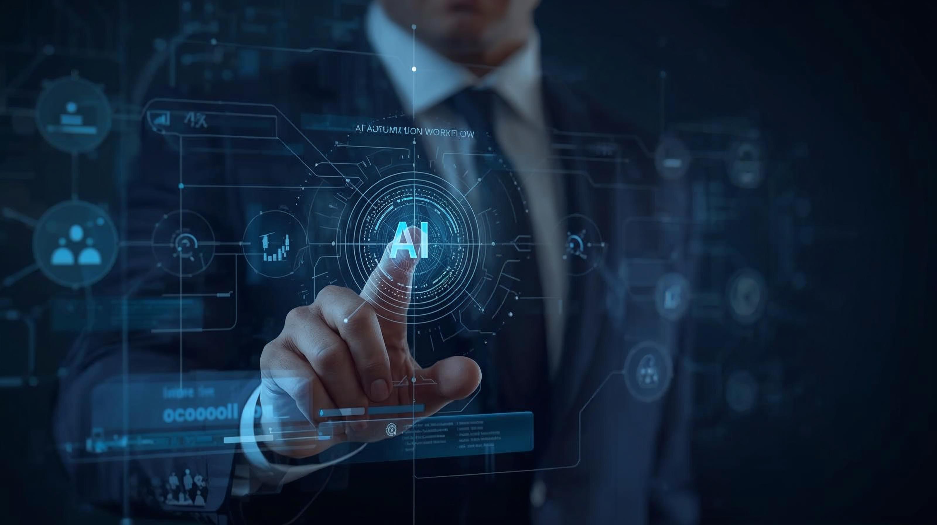 Businessman using an AI automation workflow by GSY AI in Guernsey office Businessman using an AI automation workflow by GSY AI in Guernsey office