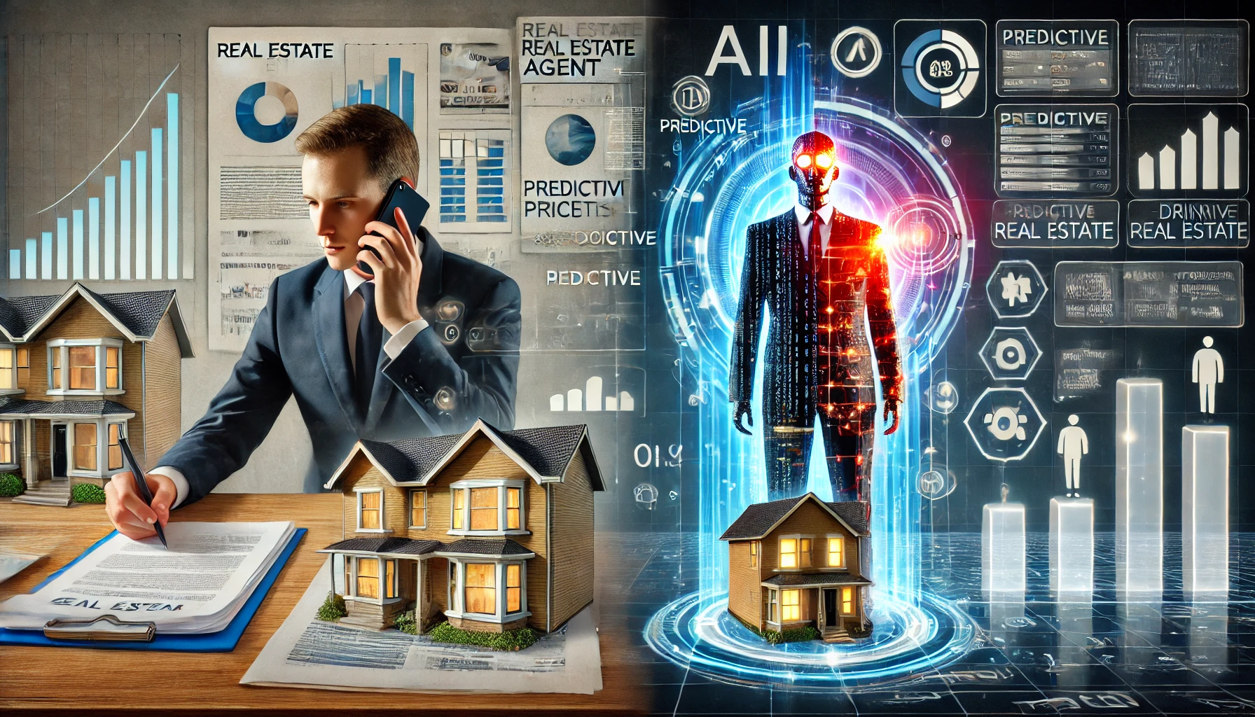 “Maximize Home Value with AI Pricing” featuring Rob Dietrich smiling in a suit, with visuals of real estate market charts, homes, and AI analytics illustrating data-driven home pricing strategies