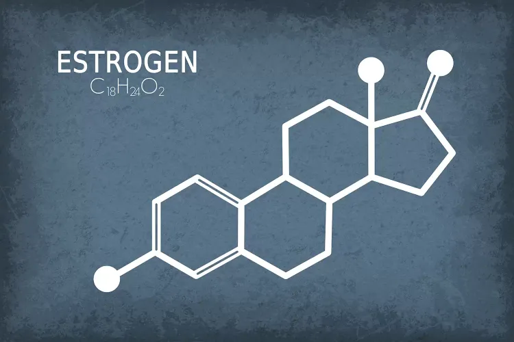 Chemical structure of estrogen hormone, C18H24O2. Chemical structure of estrogen hormone, C18H24O2.