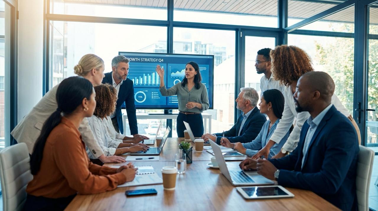 Professional woman in modern office working with laptop