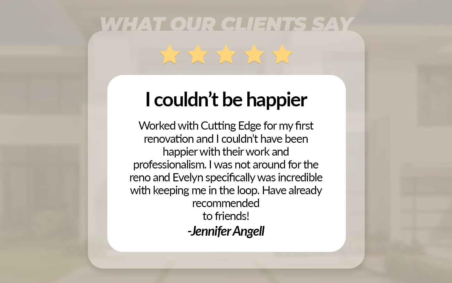 Testimonial/review screenshot mockup - client satisfaction construction Testimonial/review screenshot mockup - client satisfaction construction