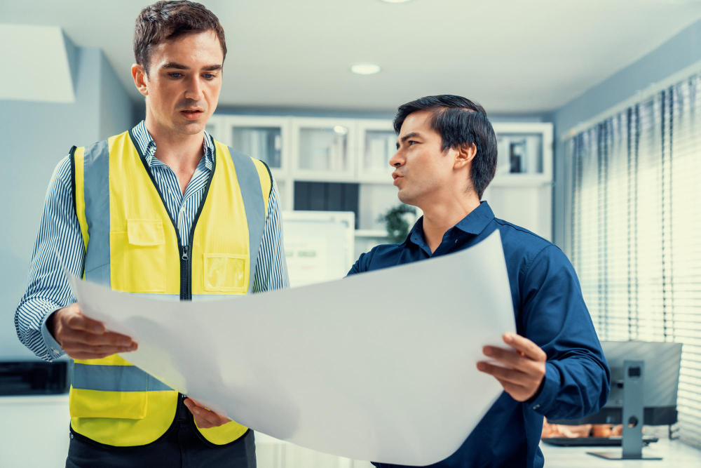 Construction business coach reviewing plans with project manager Construction business coach reviewing plans with project manager