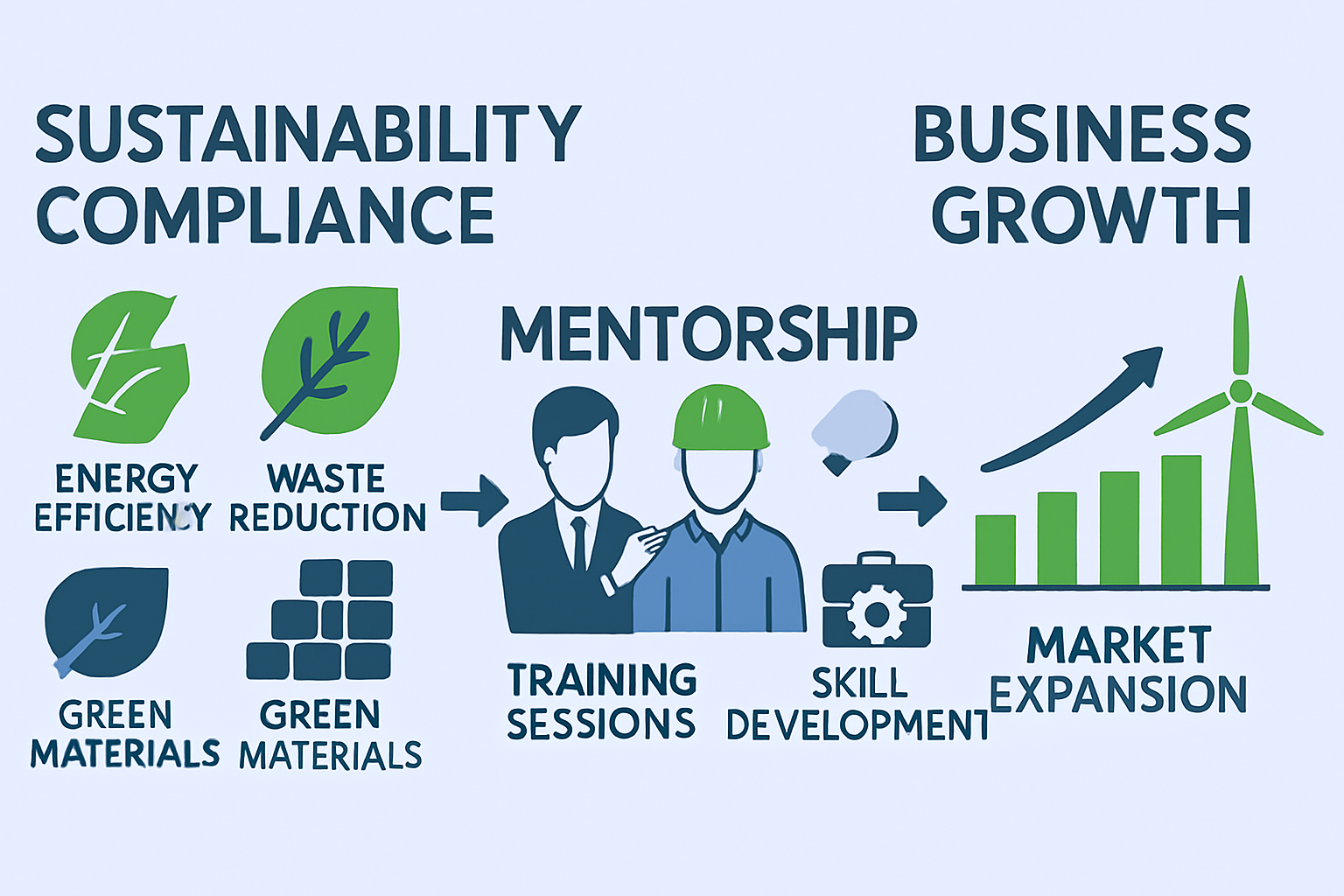 Infographic showing how sustainability compliance drives construction business growth through expert mentorship Infographic showing how sustainability compliance drives construction business growth through expert mentorship