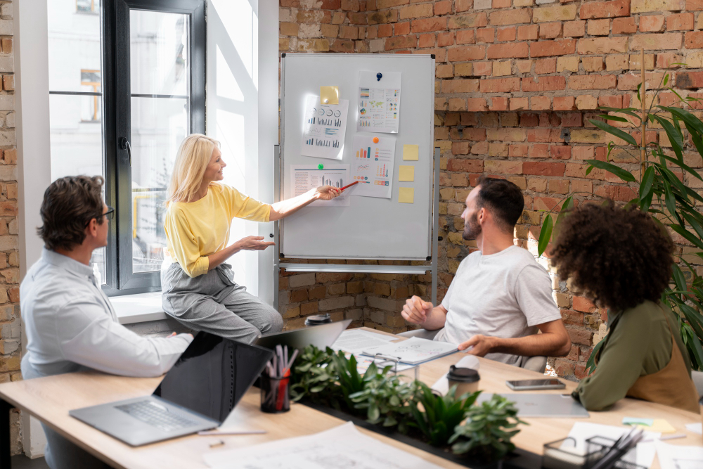 Contractor team in a meeting room brainstorming with a coach using a whiteboard to plan service rollout