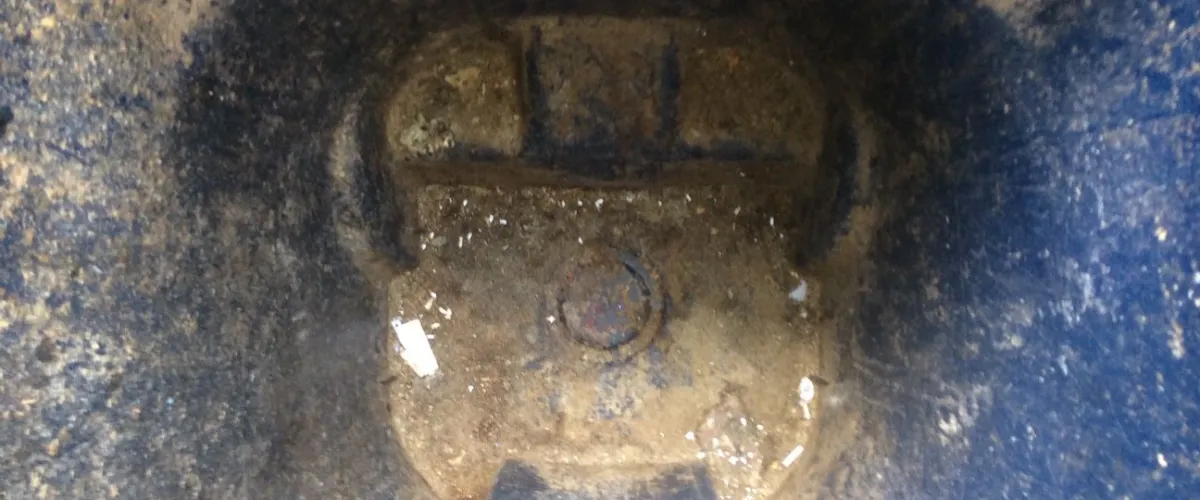 Close-up view of the inside of a dirty garbage bin before cleaning