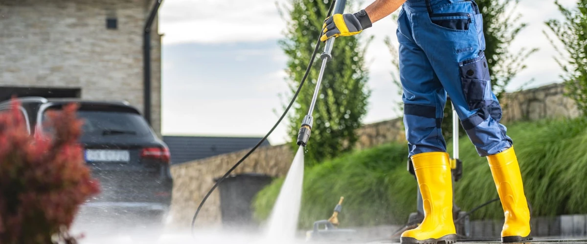 Professional performing pressure washing service on residential exterior with high-pressure water.