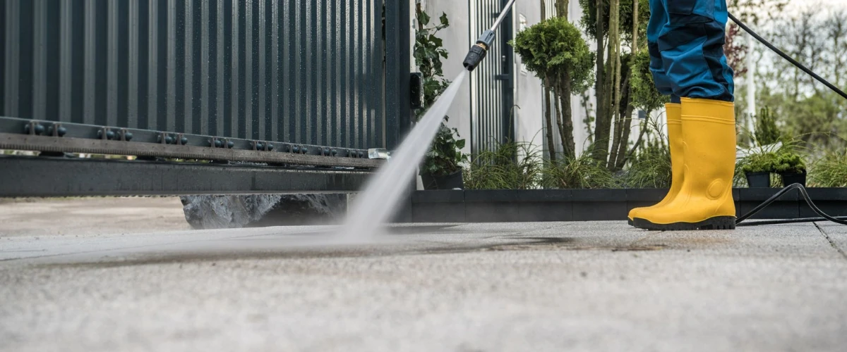 Worker pressure washing a concrete driveway while wearing yellow safety boots.
