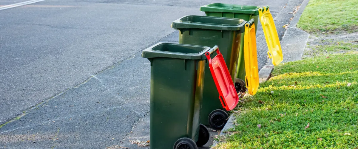 Green, yellow, and red trash bins lined up along a residential curb beside a road.