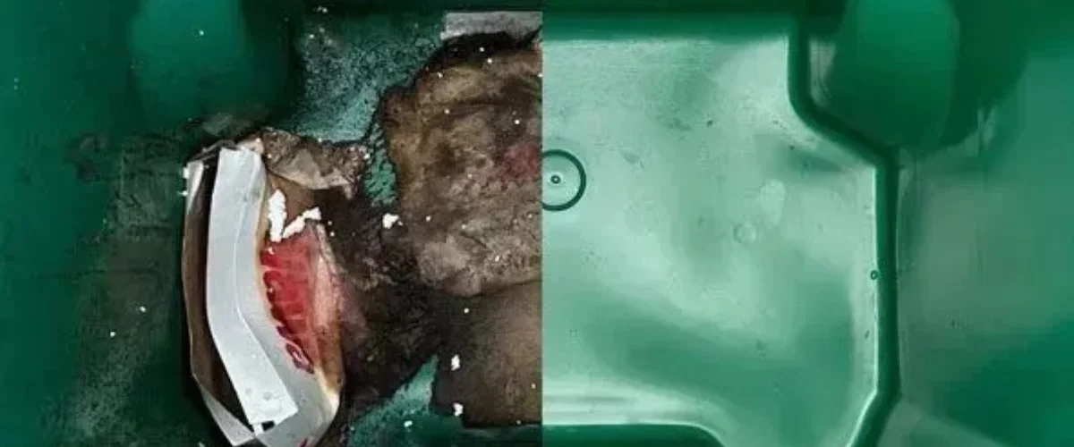 Before and after view of trash can interior showing professional cleaning results