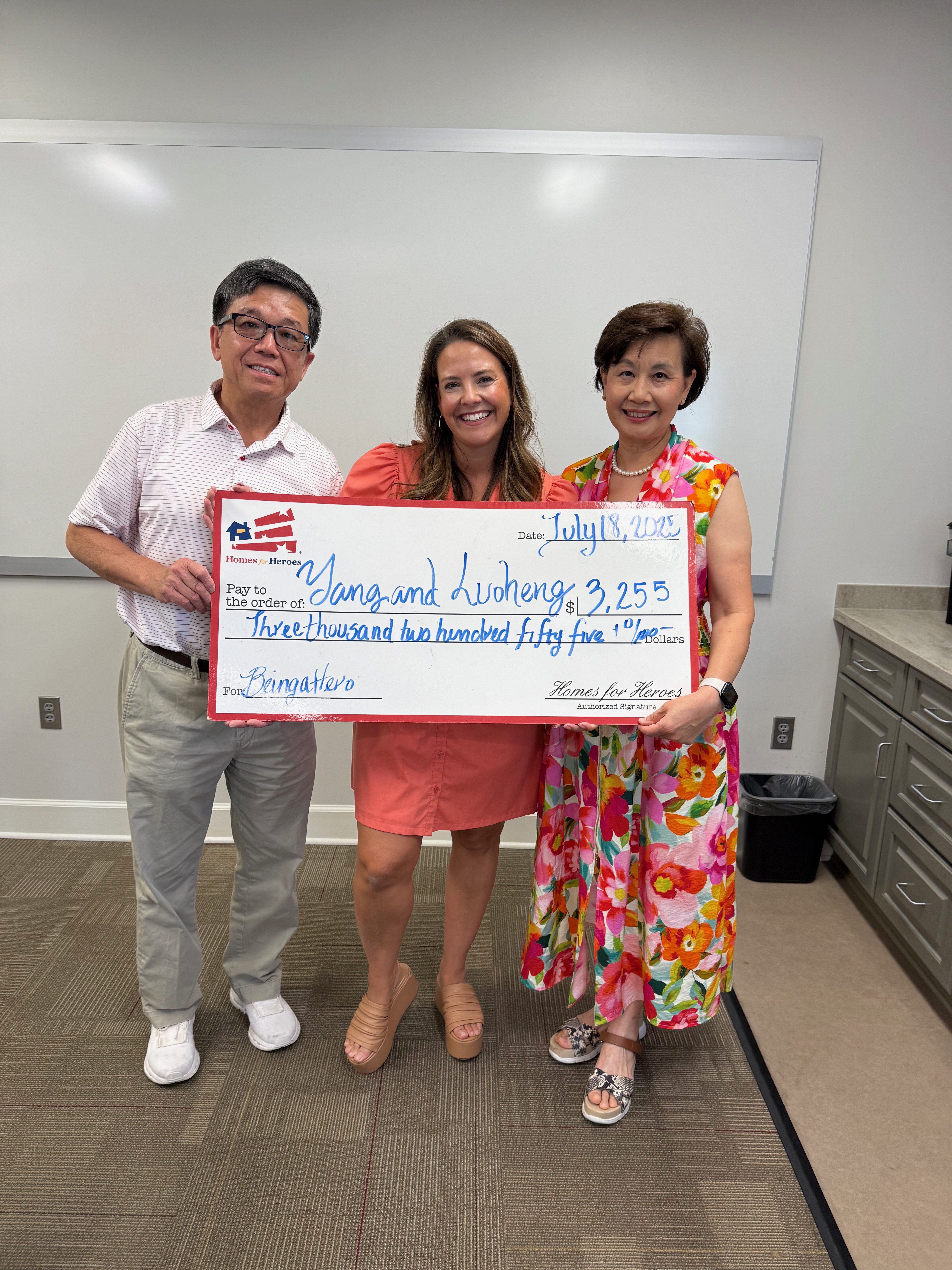 Homes for Heroes reward check example showing money back after home purchase
