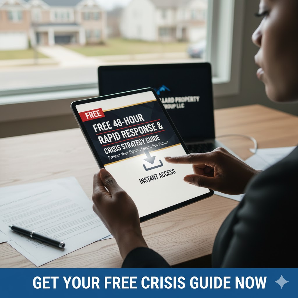 A person's hands tapping a tablet screen, showing the cover of a "Free 48-Hour Rapid Response & Crisis Strategy Guide" with an "Instant Access" button. The image conveys quick solutions for homeowners in crisis, with a residential background.