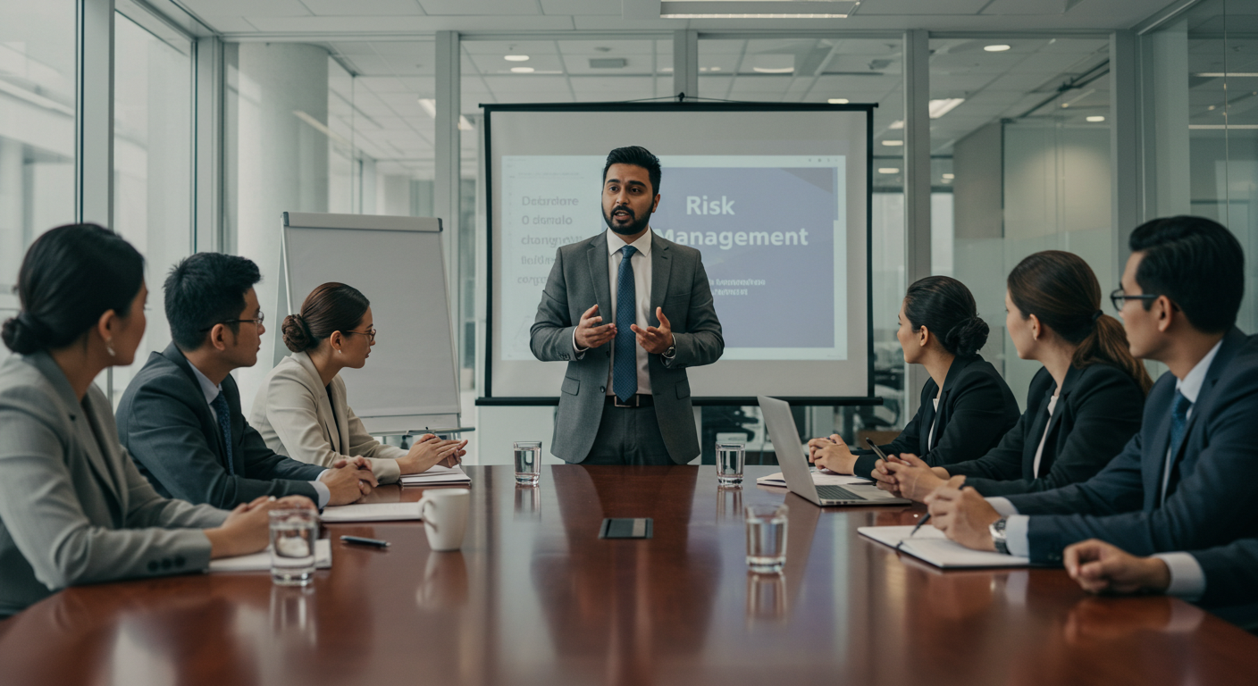CEO in Board Room Communicating Risk Management