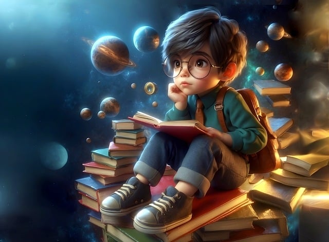 AI image of a kid sitting on books, in an outer space background