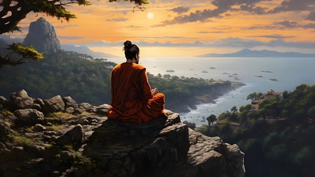 image of a man meditating on the side of a mountain overlooking a valley