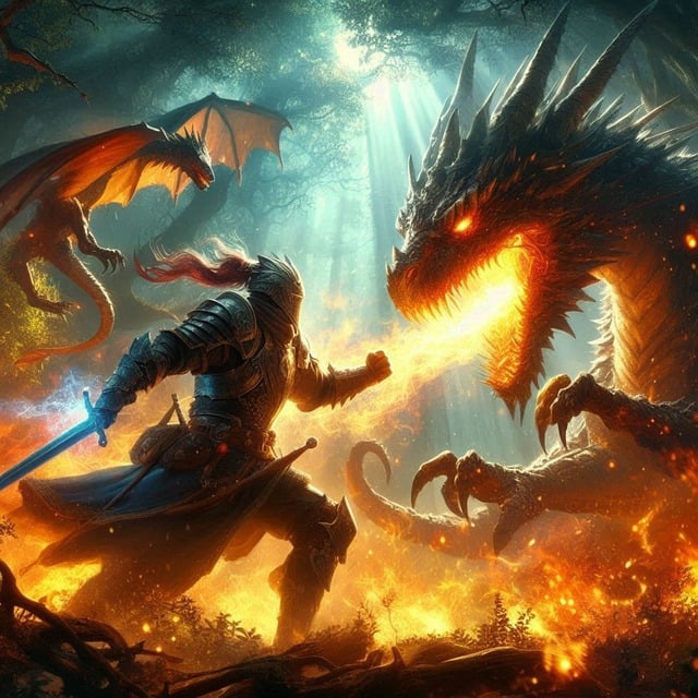 image of a knight with a sword battling a dragon