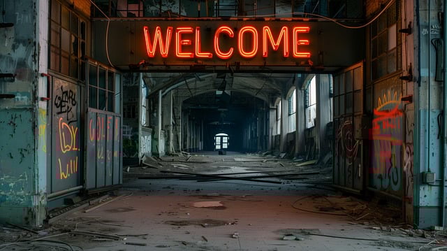 A dark, eerie alley with a neo Welcome sign