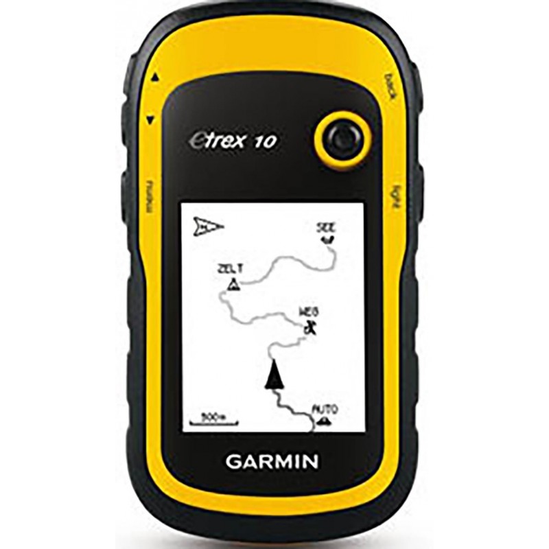 image of a yellow, handheld garmin GPS unit
