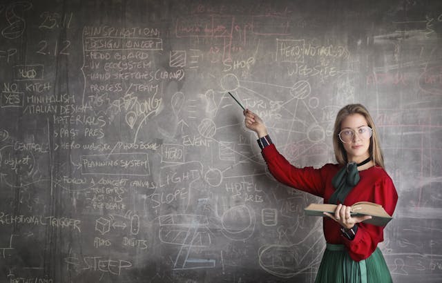 image of a woman standing and pointing at a blackboard