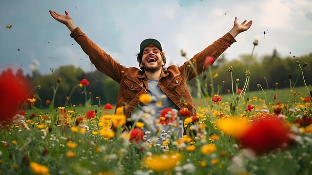 AI generated image of a happy man in a field of flowers with his arms raised up
