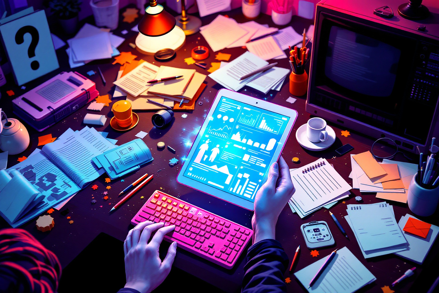 Frustrated business owner visual showing a chaotic desk with scattered papers and manual processes.