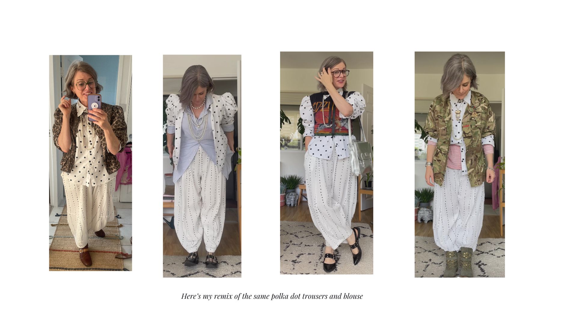 Me remixing polka dot trousers and polka dot blouse different ways