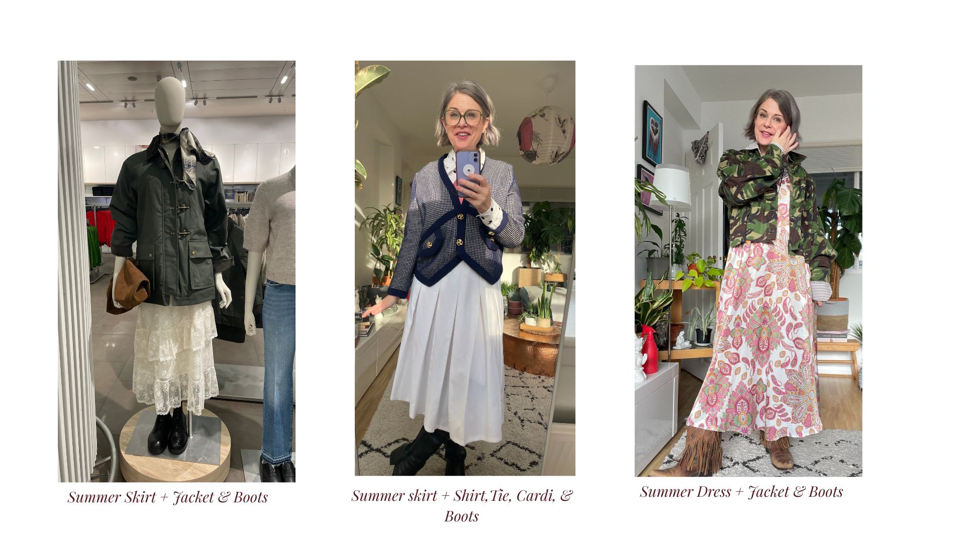 Example of summer items mixed with autumn/ winter outfits to create autumn transition outfits
